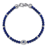 925 Sterling Silver 4mm Lapis and Sapphire Beaded Bracelet with Evil eye