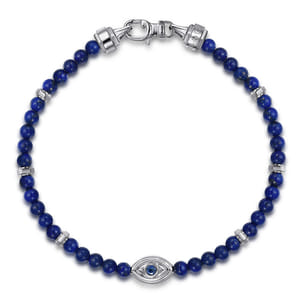 925 Sterling Silver 4mm Lapis and Sapphire Beaded Bracelet with Evil eye