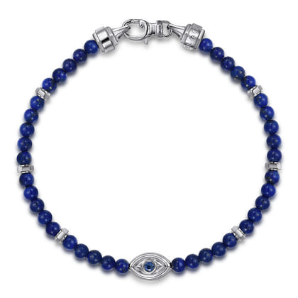 925 Sterling Silver 4mm Lapis and Sapphire Beaded Bracelet with Evil eye