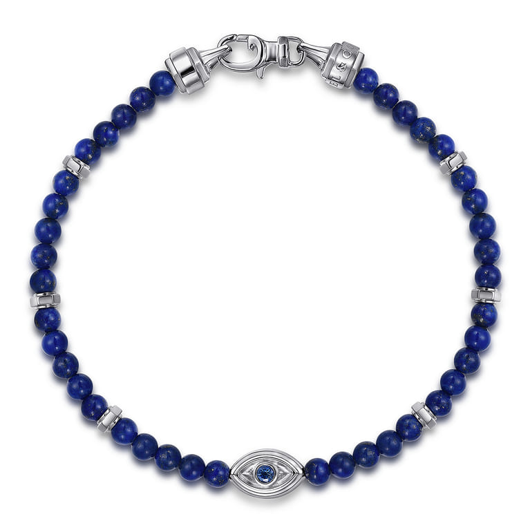 925 Sterling Silver 4mm Lapis and Sapphire Beaded Bracelet with Evil eye - Shot 1