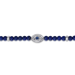 925 Sterling Silver 4mm Lapis and Sapphire Beaded Bracelet with Evil eye