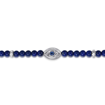 925 Sterling Silver 4mm Lapis and Sapphire Beaded Bracelet with Evil eye