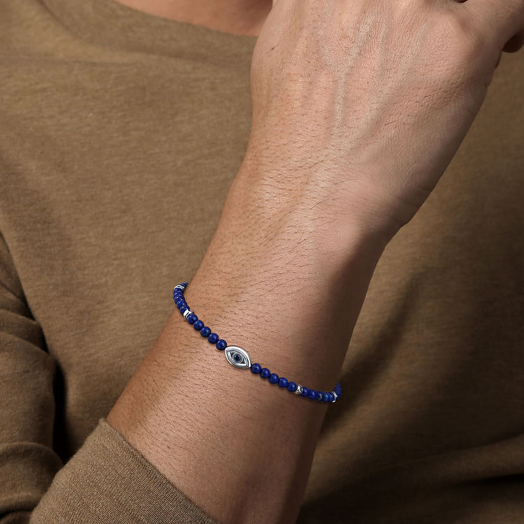 925 Sterling Silver 4mm Lapis and Sapphire Beaded Bracelet with Evil eye