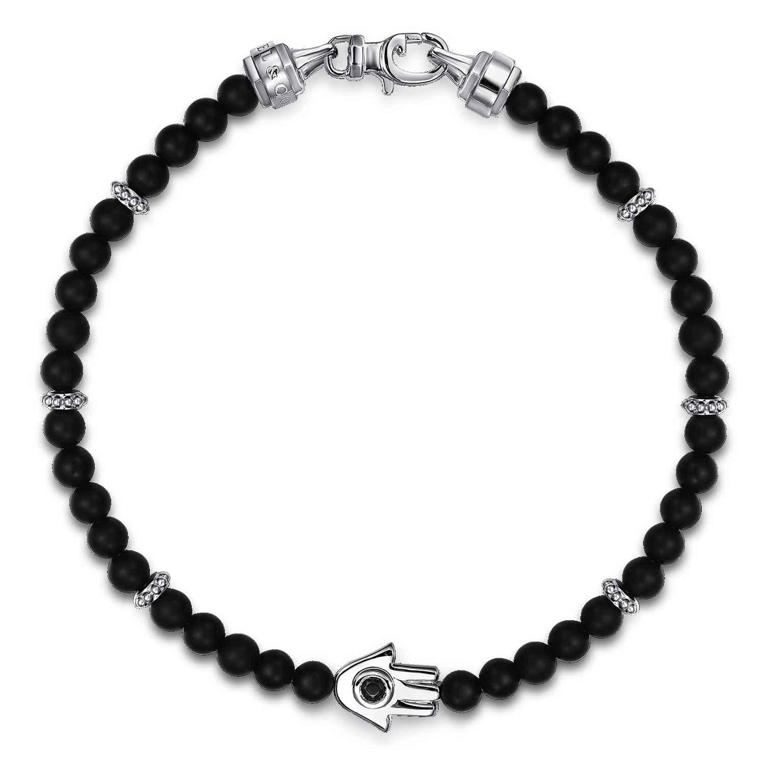 925 Sterling Silver 4mm Matte Onyx and Black Spinel Beaded Bracelet with Hamsa - Shot 1