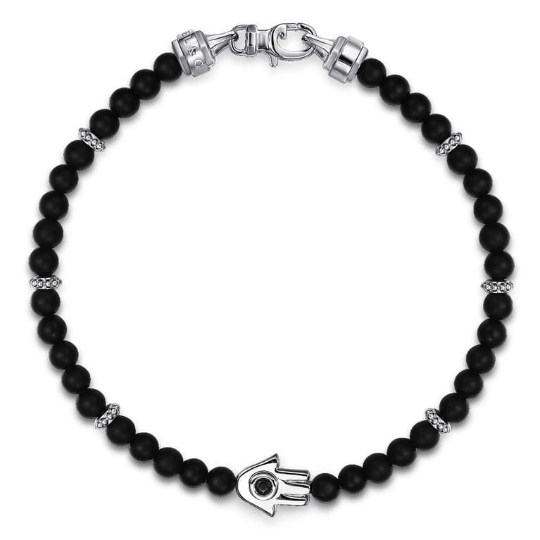 925 Sterling Silver 4mm Matte Onyx and Black Spinel Beaded Bracelet with Hamsa - Shot 1