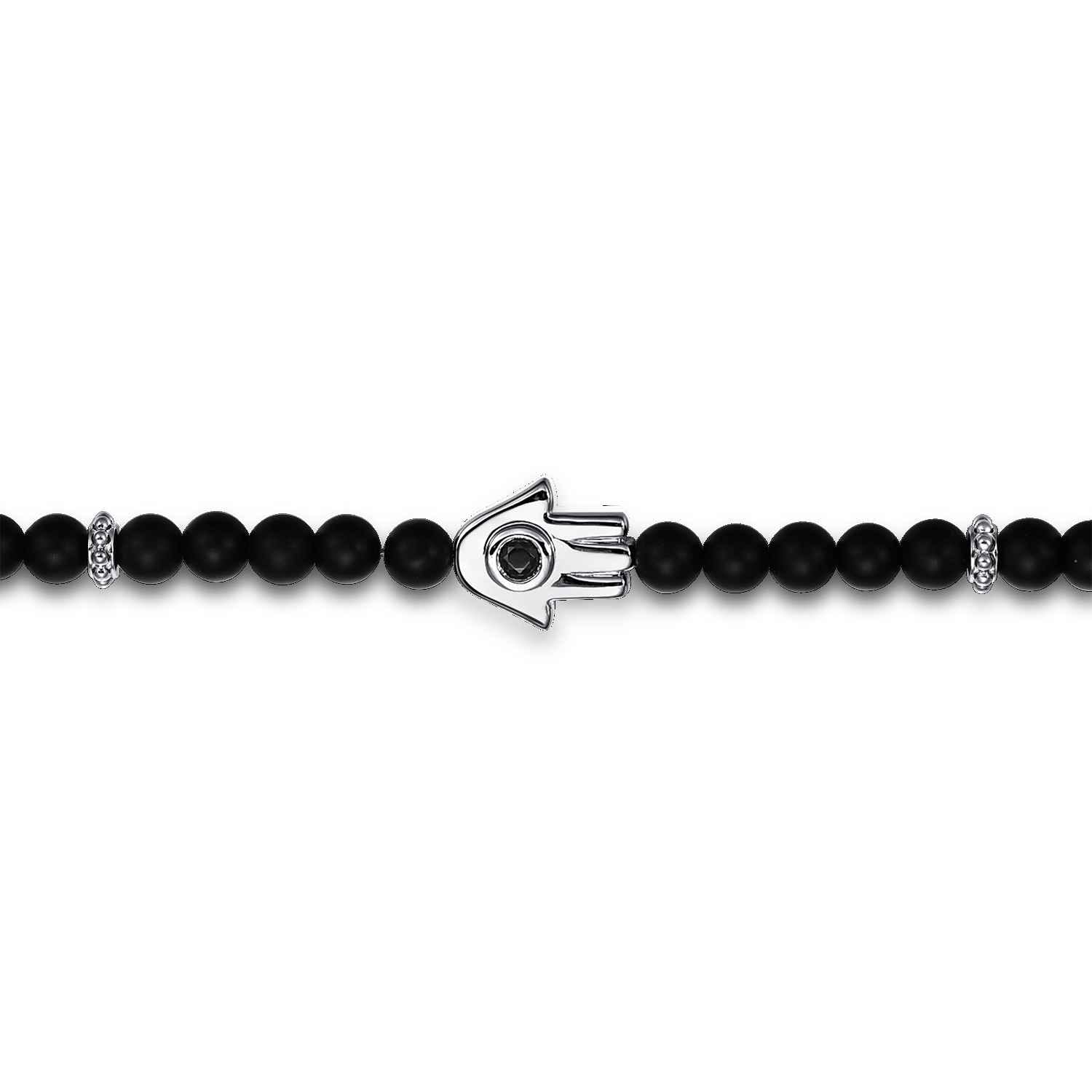 925 Sterling Silver 4mm Matte Onyx and Black Spinel Beaded Bracelet with Hamsa - Shot 2