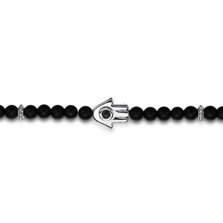 925 Sterling Silver 4mm Matte Onyx and Black Spinel Beaded Bracelet with Hamsa - Shot 2