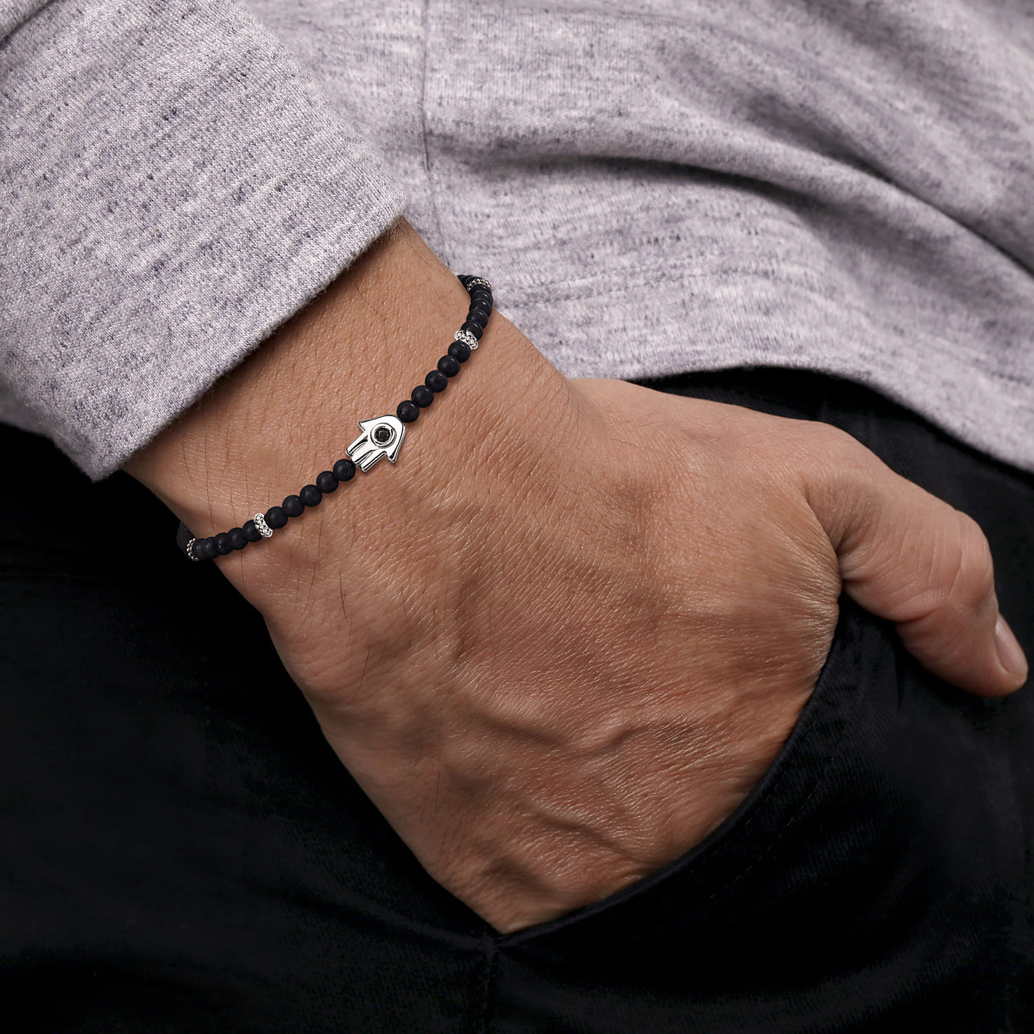 925 Sterling Silver 4mm Matte Onyx and Black Spinel Beaded Bracelet with Hamsa - Shot 3