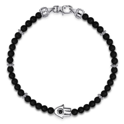 925 Sterling Silver 4mm Matte Onyx and Black Spinel Beaded Bracelet with Hamsa