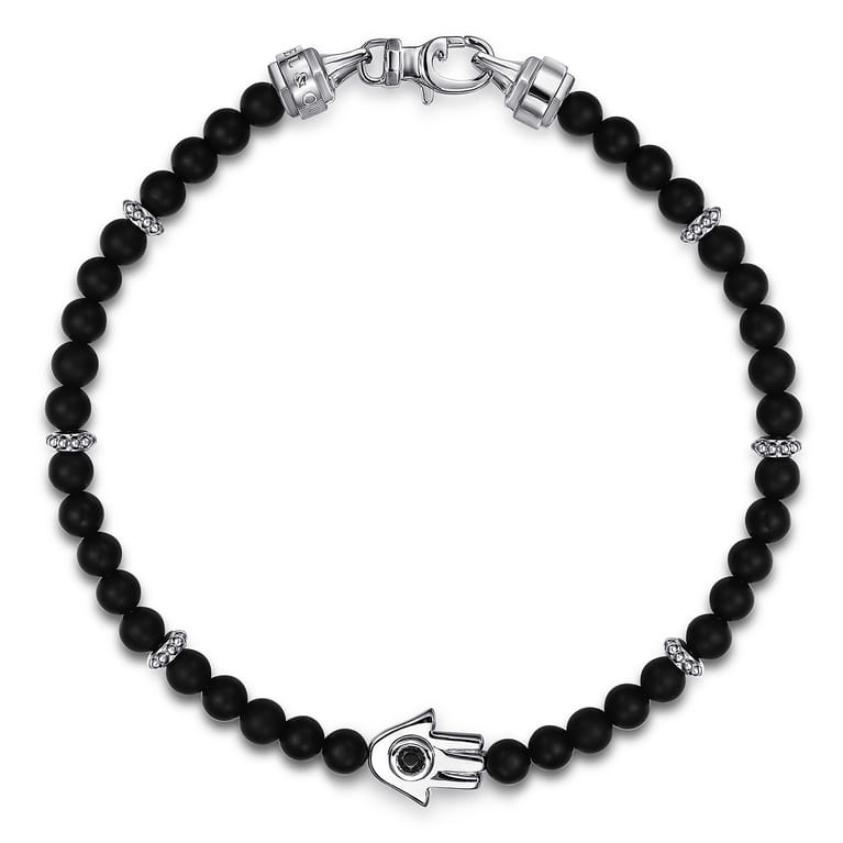 925 Sterling Silver 4mm Matte Onyx and Black Spinel Beaded Bracelet with Hamsa - Shot 1