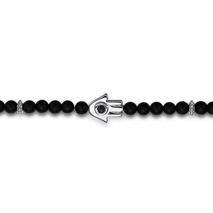 925 Sterling Silver 4mm Matte Onyx and Black Spinel Beaded Bracelet with Hamsa