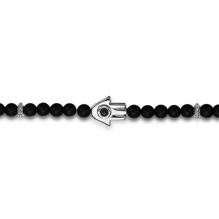 925 Sterling Silver 4mm Matte Onyx and Black Spinel Beaded Bracelet with Hamsa - Shot 2