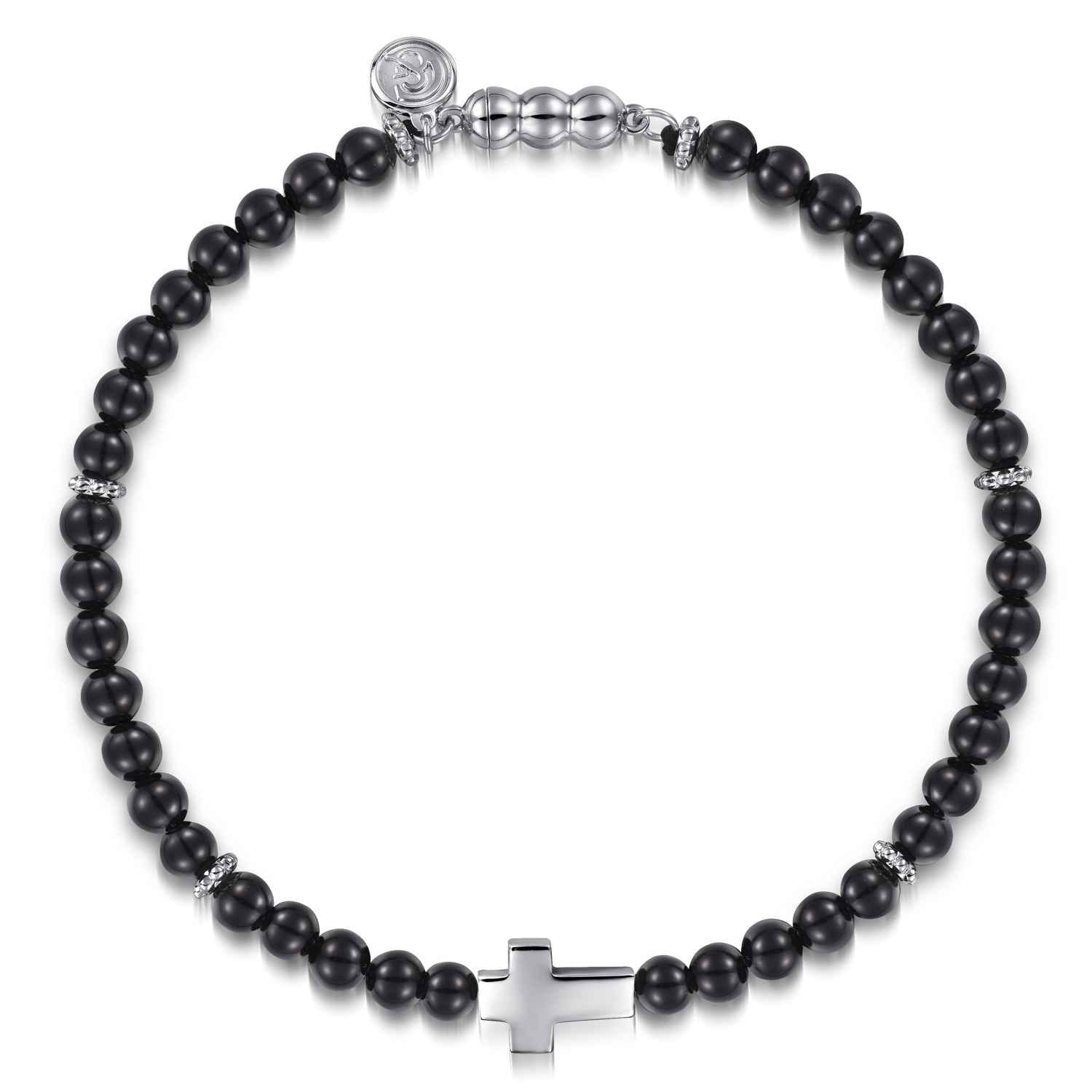 925 Sterling Silver 4mm Onyx Beads Bracelet with Cross - Shot 1
