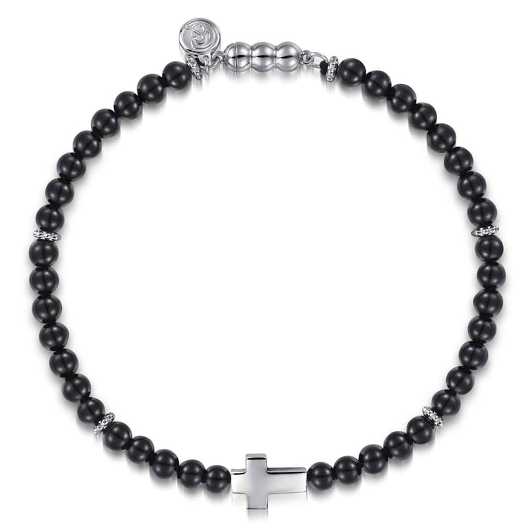 925 Sterling Silver 4mm Onyx Beads Bracelet with Cross - Shot 1