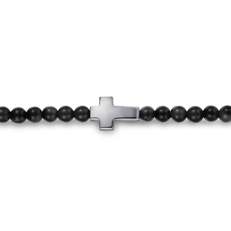 925 Sterling Silver 4mm Onyx Beads Bracelet with Cross - Shot 2