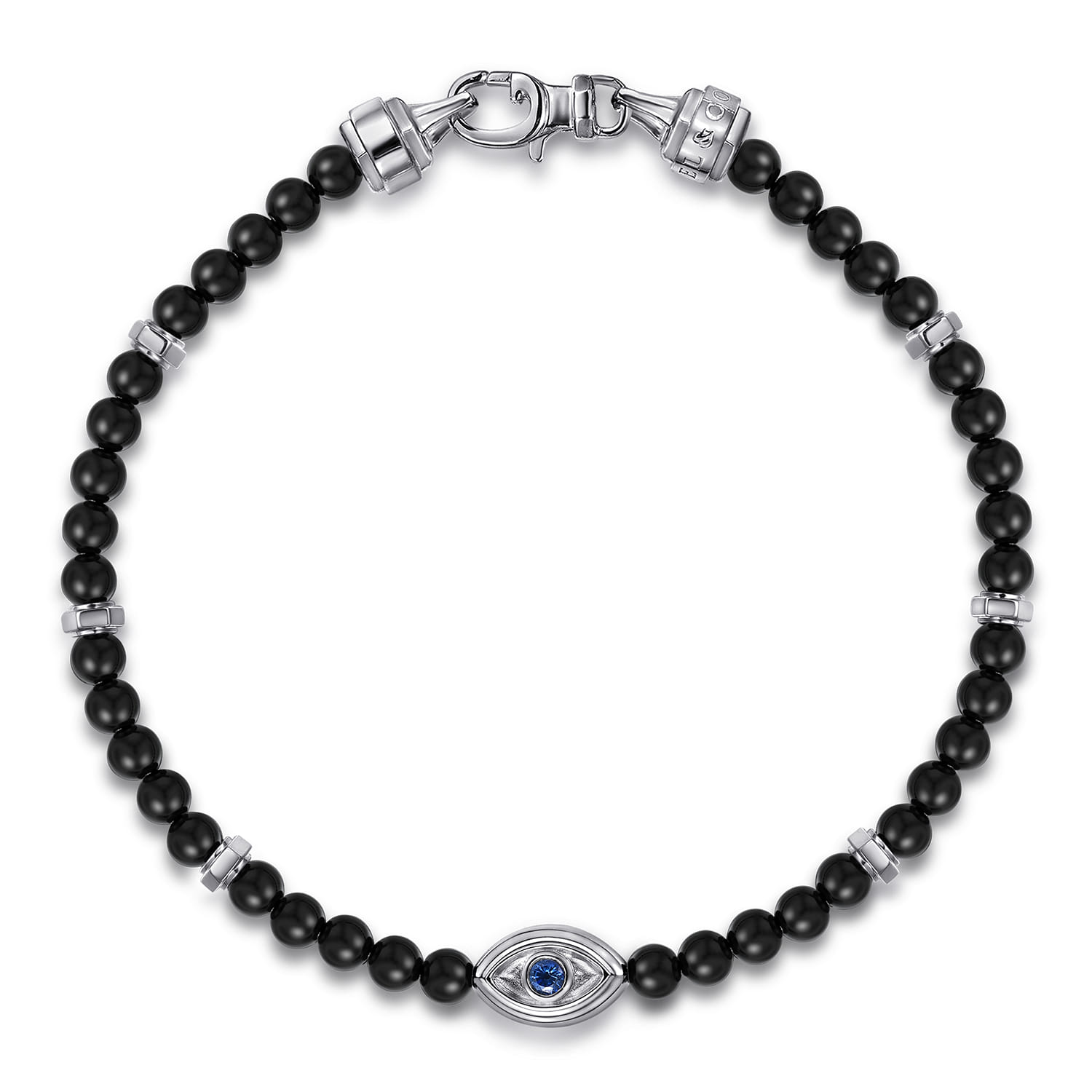 925 Sterling Silver 4mm Onyx and Sapphire Beaded Bracelet with Evil eye - Shot 1