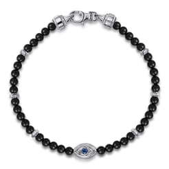 925 Sterling Silver 4mm Onyx and Sapphire Beaded Bracelet with Evil eye