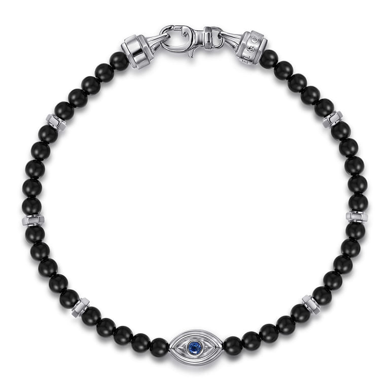 925 Sterling Silver 4mm Onyx and Sapphire Beaded Bracelet with Evil eye - Shot 1