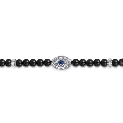 925 Sterling Silver 4mm Onyx and Sapphire Beaded Bracelet with Evil eye