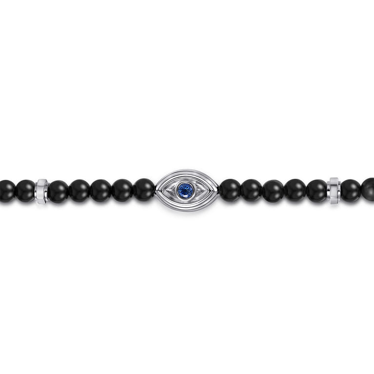 925 Sterling Silver 4mm Onyx and Sapphire Beaded Bracelet with Evil eye - Shot 2
