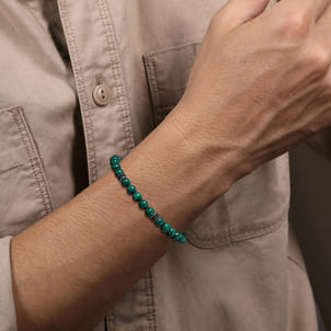 925 Sterling Silver 6mm Black Spinel and Malachite Beaded Bracelet