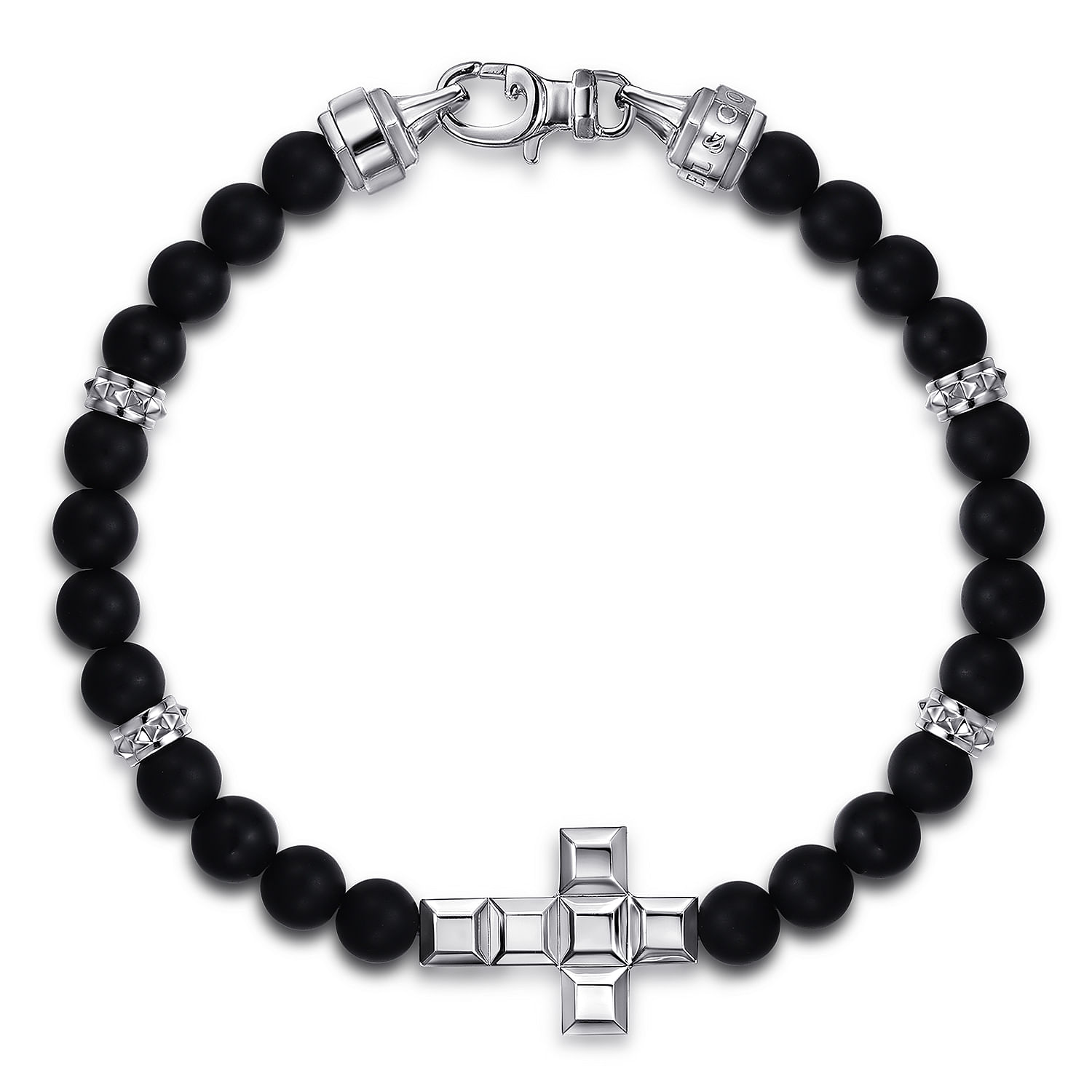 925 Sterling Silver 6mm Matte Onyx Beaded Bracelet with Square Cross