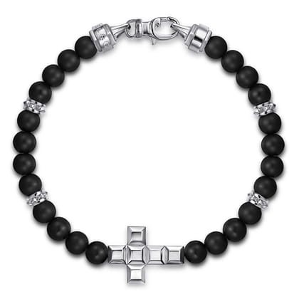 925 Sterling Silver 6mm Matte Onyx Beaded Bracelet with Square Cross