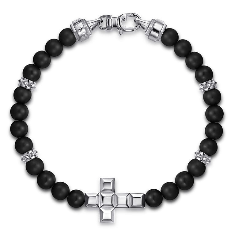 925 Sterling Silver 6mm Matte Onyx Beaded Bracelet with Square Cross - Shot 1