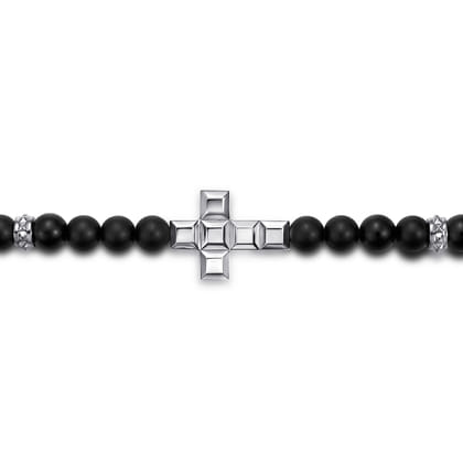 925 Sterling Silver 6mm Matte Onyx Beaded Bracelet with Square Cross