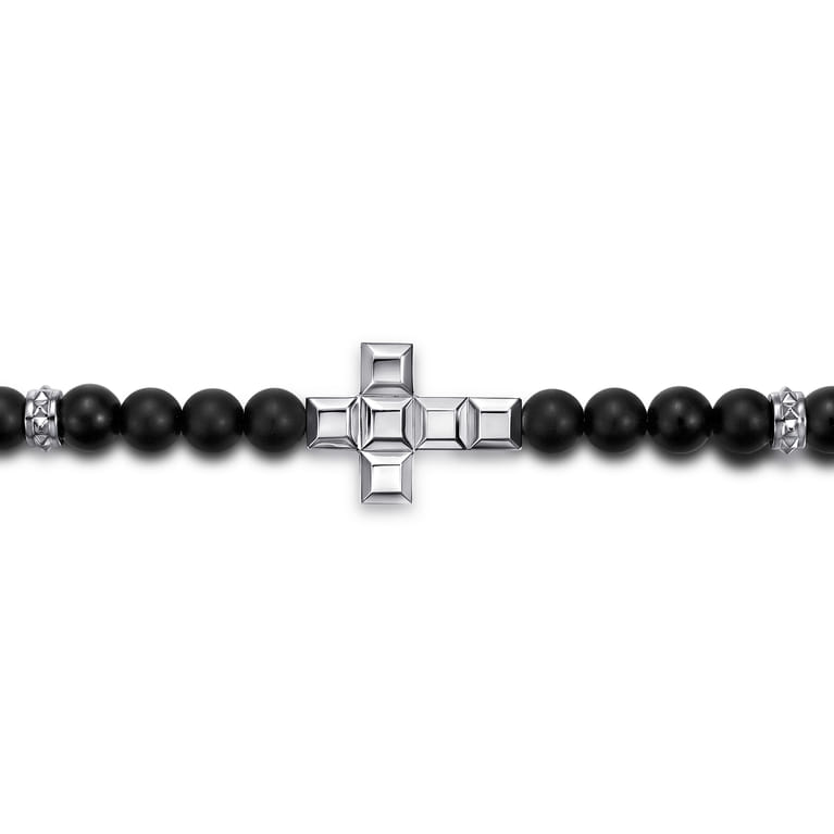 925 Sterling Silver 6mm Matte Onyx Beaded Bracelet with Square Cross - Shot 2