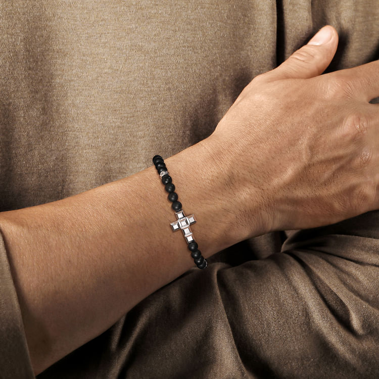 925 Sterling Silver 6mm Matte Onyx Beaded Bracelet with Square Cross