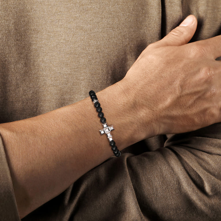 925 Sterling Silver 6mm Matte Onyx Beaded Bracelet with Square Cross - Shot 3