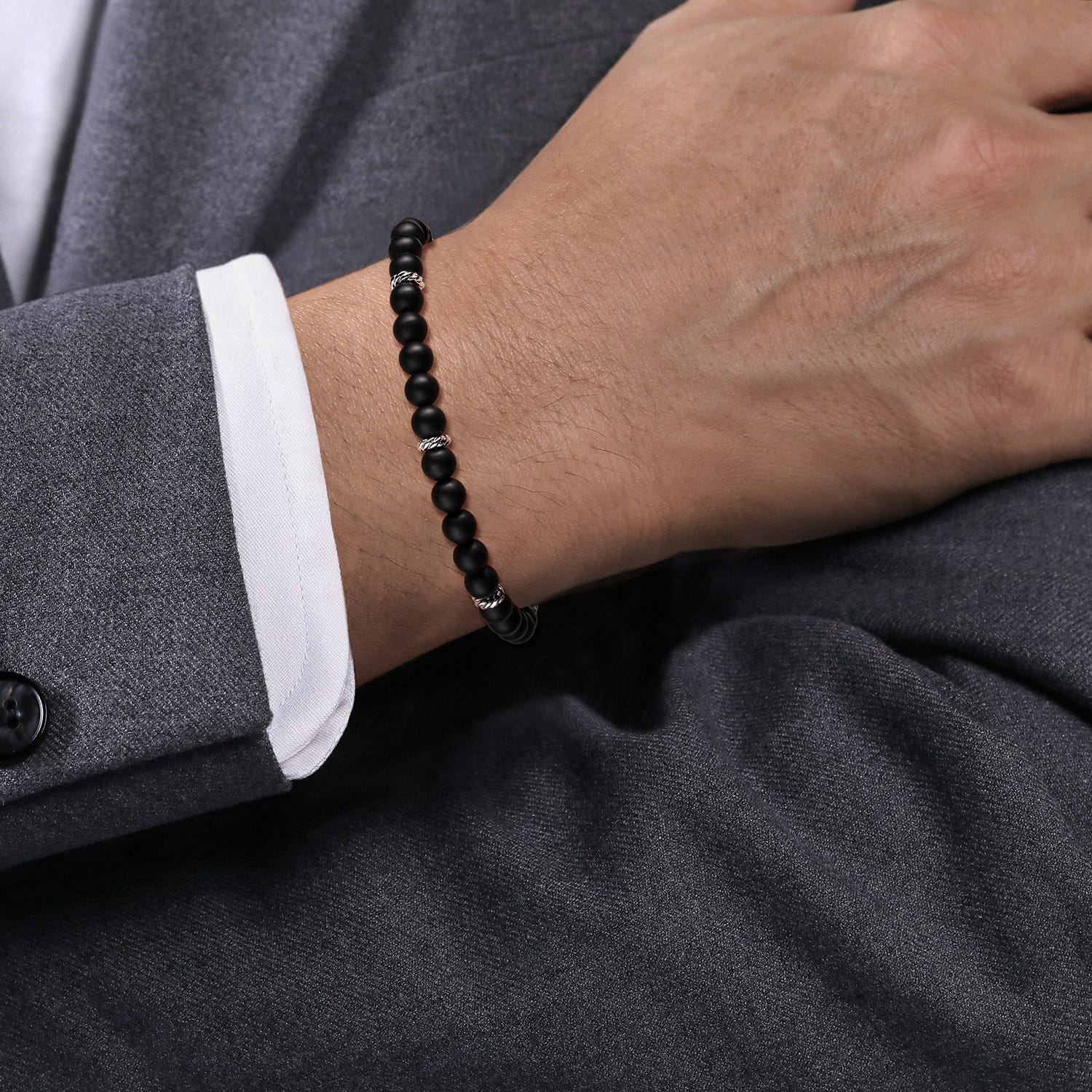 925 Sterling Silver 6mm Matte Onyx Beaded Bracelet - Shot 3