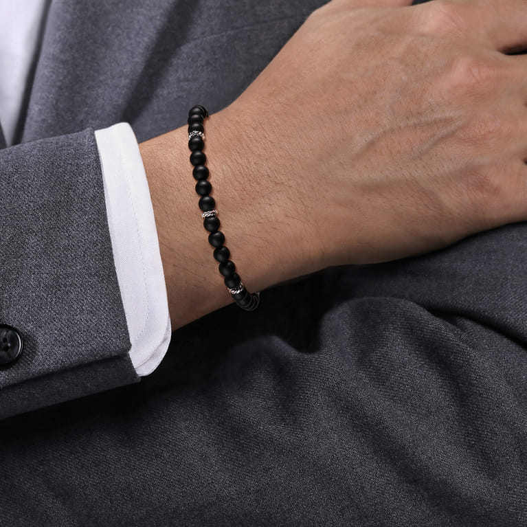 925 Sterling Silver 6mm Matte Onyx Beaded Bracelet - Shot 3