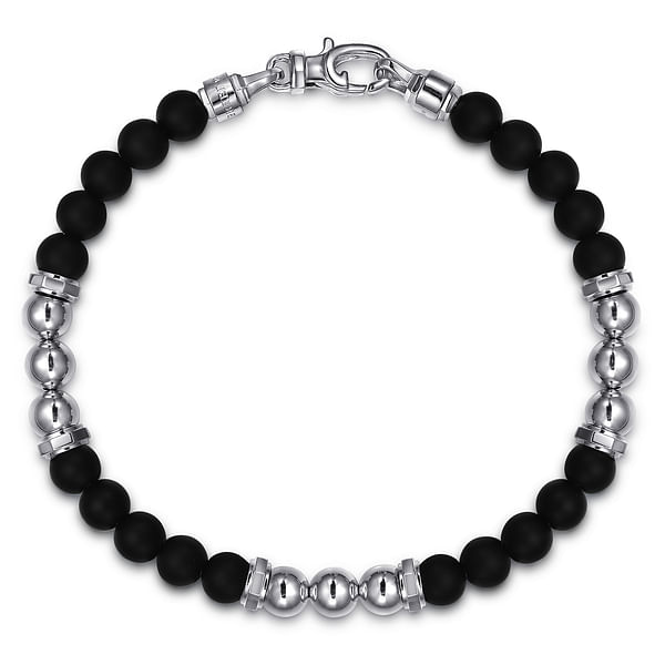 STONE BEAD BRACELET 6 MM MATTE BLACK W/SILVER STONE BEAD BRACELET 6 MM MATTE BLACK W/SILVER