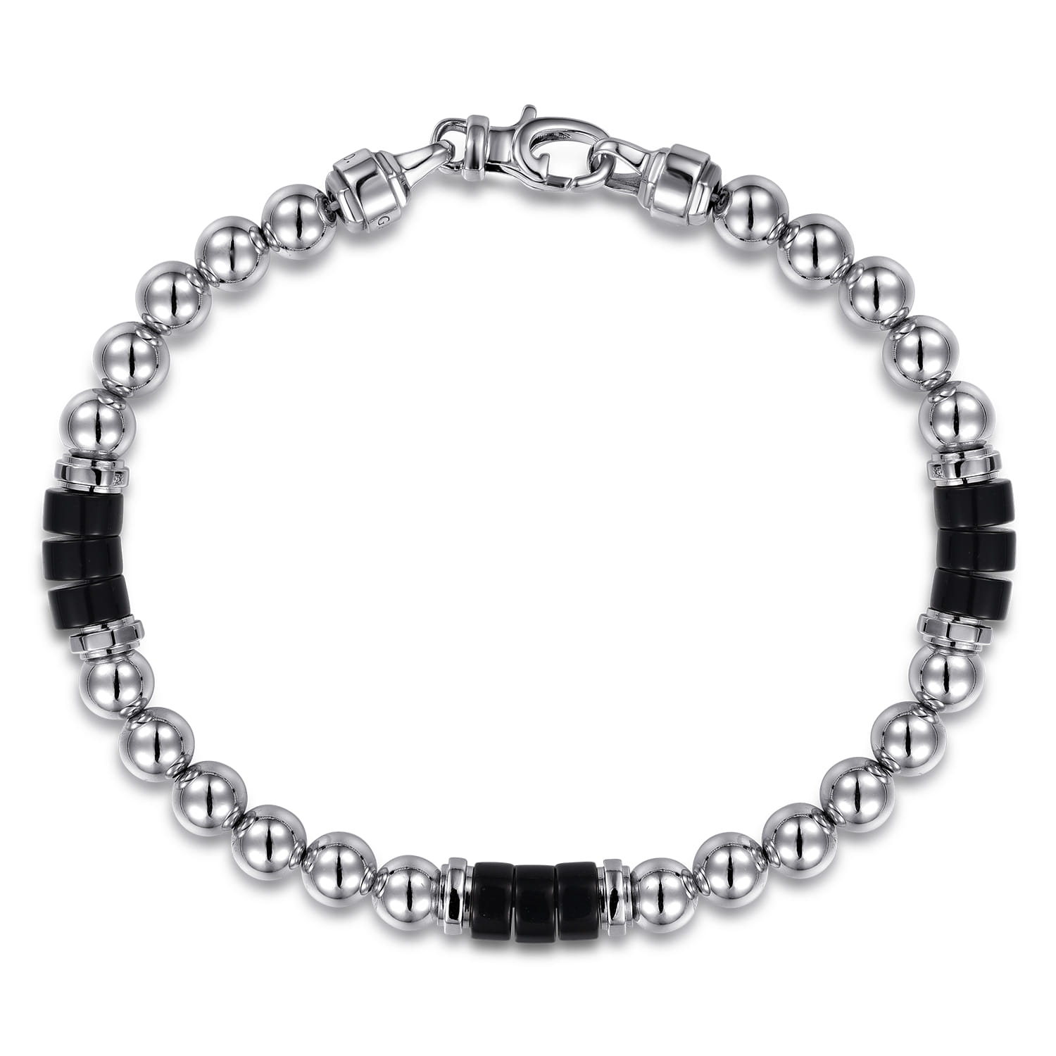 925 Sterling Silver 6mm Silver Ball and Onyx Cylinder Beaded Bracelet - Shot 1