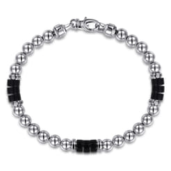 925 Sterling Silver 6mm Silver Ball and Onyx Cylinder Beaded Bracelet