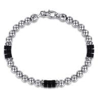 925 Sterling Silver 6mm Silver Ball and Onyx Cylinder Beaded Bracelet
