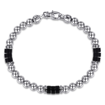 925 Sterling Silver 6mm Silver Ball and Onyx Cylinder Beaded Bracelet