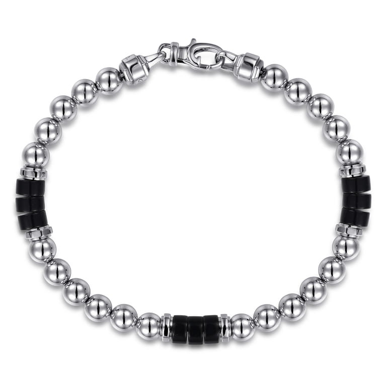 925 Sterling Silver 6mm Silver Ball and Onyx Cylinder Beaded Bracelet - Shot 1