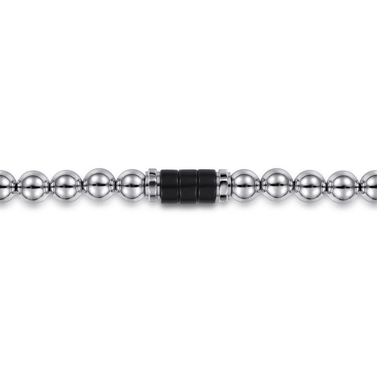 925 Sterling Silver 6mm Silver Ball and Onyx Cylinder Beaded Bracelet - Shot 2