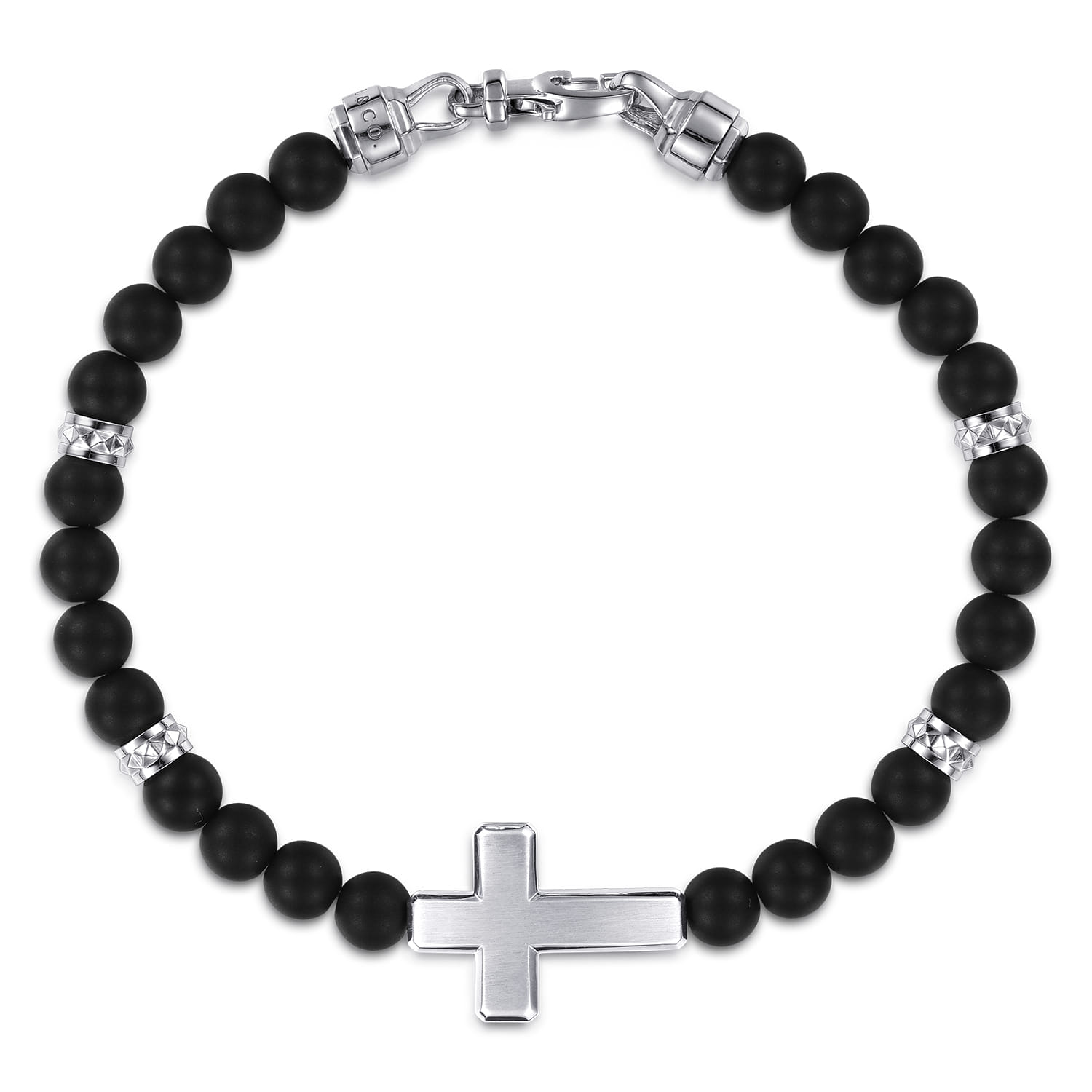 925 Sterling Silver 6mm Titanium Beaded Bracelet with Cross - Shot 1