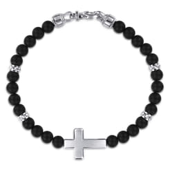 925 Sterling Silver 6mm Titanium Beaded Bracelet with Cross