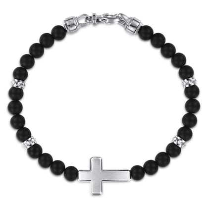 925 Sterling Silver 6mm Titanium Beaded Bracelet with Cross
