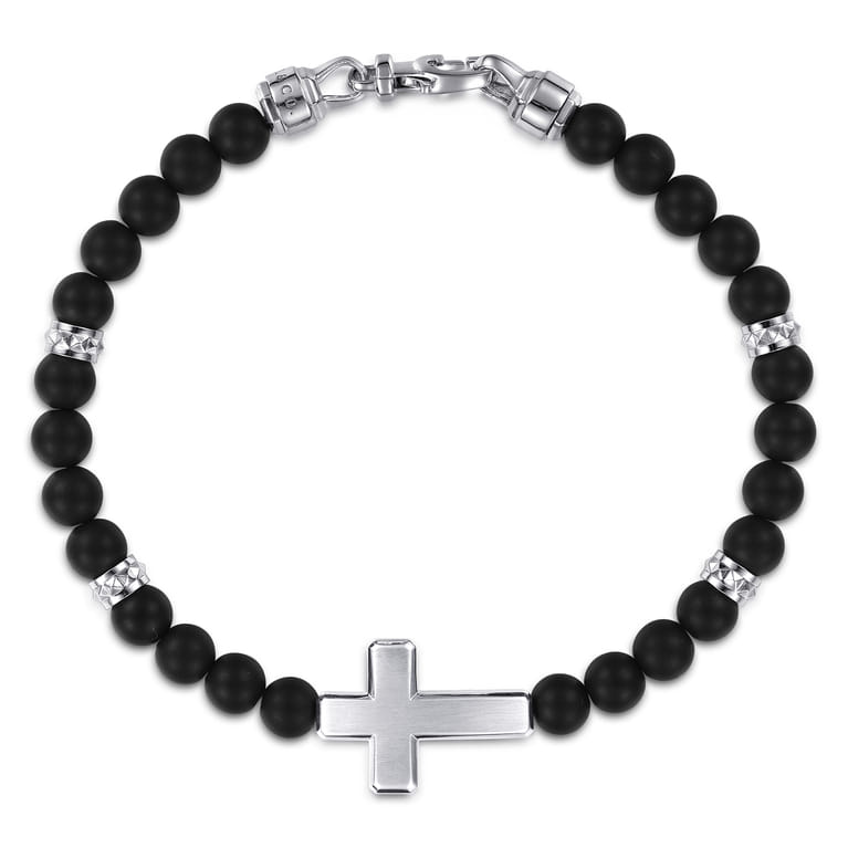 925 Sterling Silver 6mm Titanium Beaded Bracelet with Cross - Shot 1