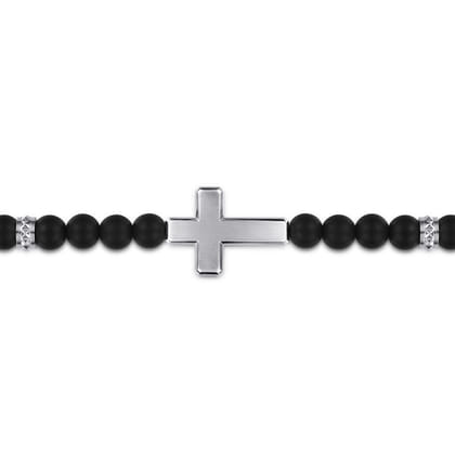925 Sterling Silver 6mm Titanium Beaded Bracelet with Cross