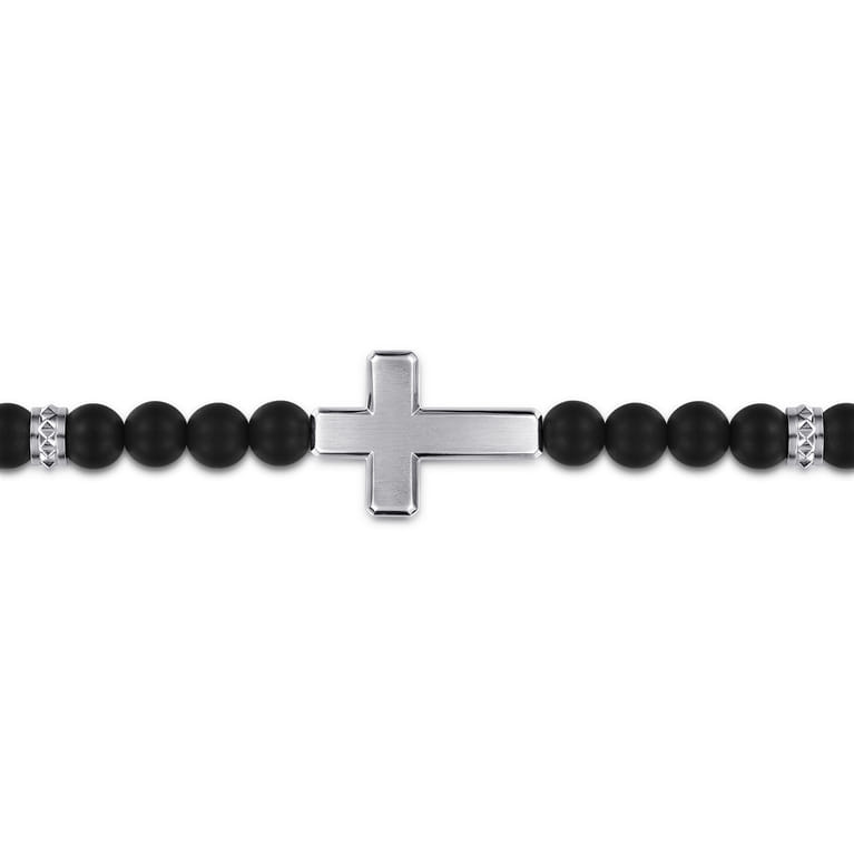 925 Sterling Silver 6mm Titanium Beaded Bracelet with Cross - Shot 2