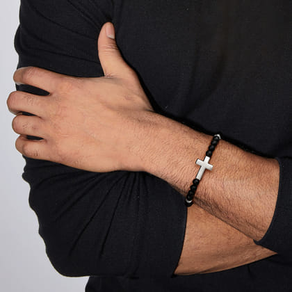 925 Sterling Silver 6mm Titanium Beaded Bracelet with Cross