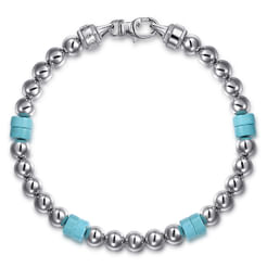 925 Sterling Silver 6mm ball and Turquoise Cylinder Beaded Bracelet