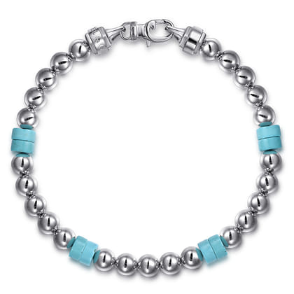 925 Sterling Silver 6mm ball and Turquoise Cylinder Beaded Bracelet